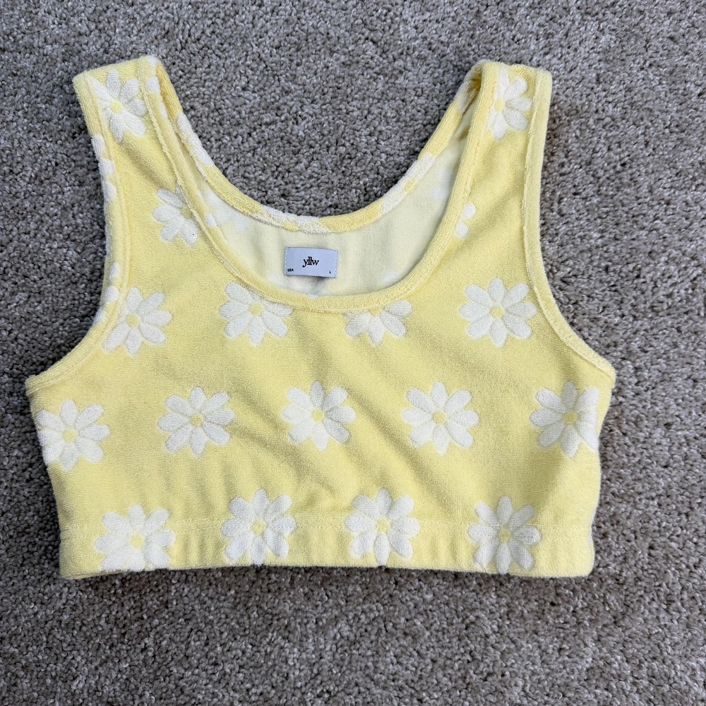 YLLW Tank Top Womens Large Yellow Terry Daisy Floral Cropped Sleeveless Summer